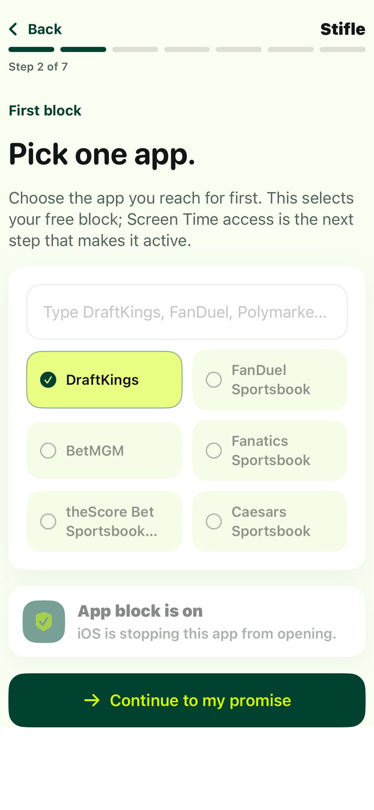 Stifle app screenshot: Pick one app