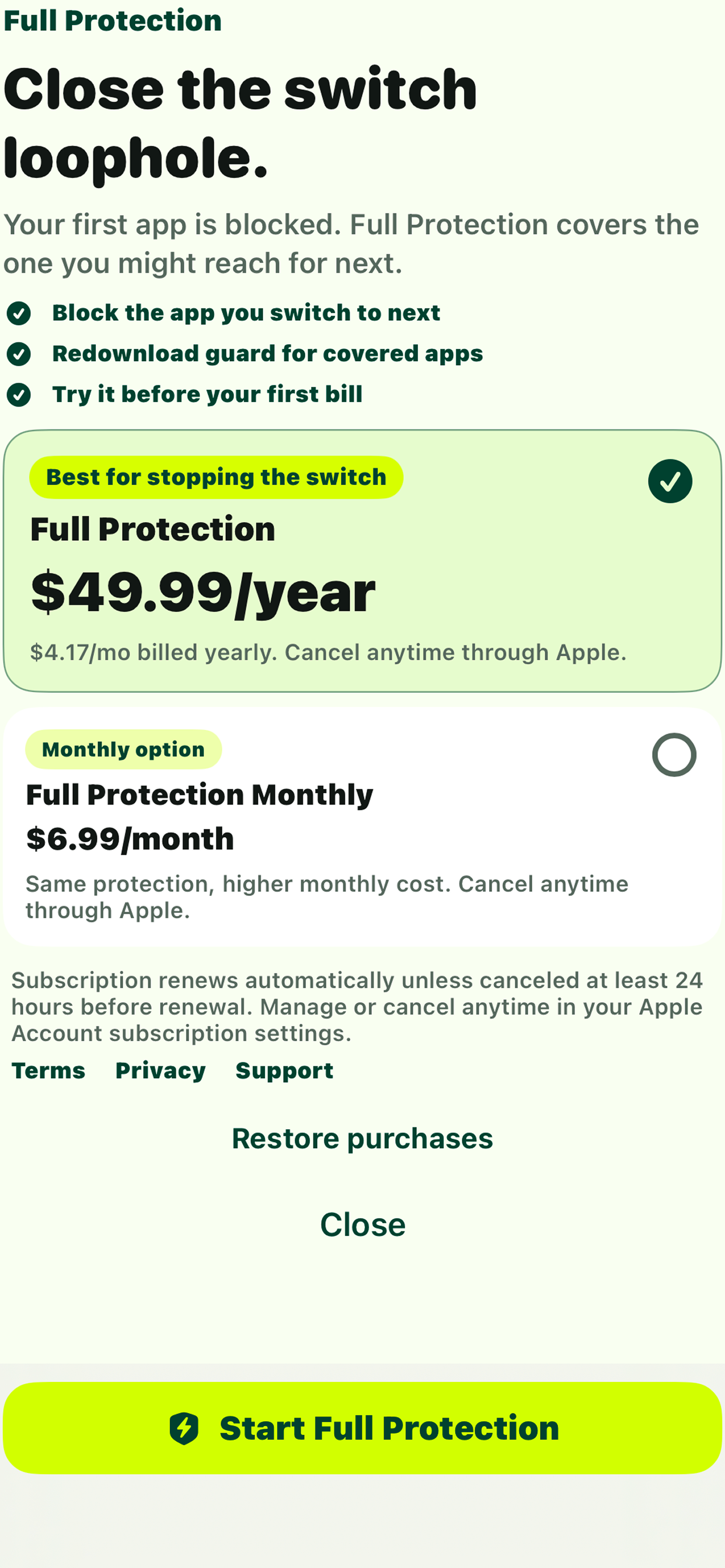 Stifle app screenshot: Close the switch loophole
